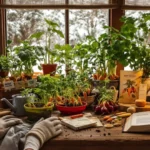 Un établi de jardinier avec des légumes en intérieur