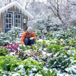 Un homme qui s'occupe de son potager sous la neige