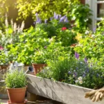 Un coin de jardin rempli de différentes herbes aromatiques en plein soleil