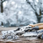 Outils et gants de jardinage posés sur une planche à l'extérieur