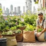 Un balcon aménager avec des plantes dans des sacs de jardinage